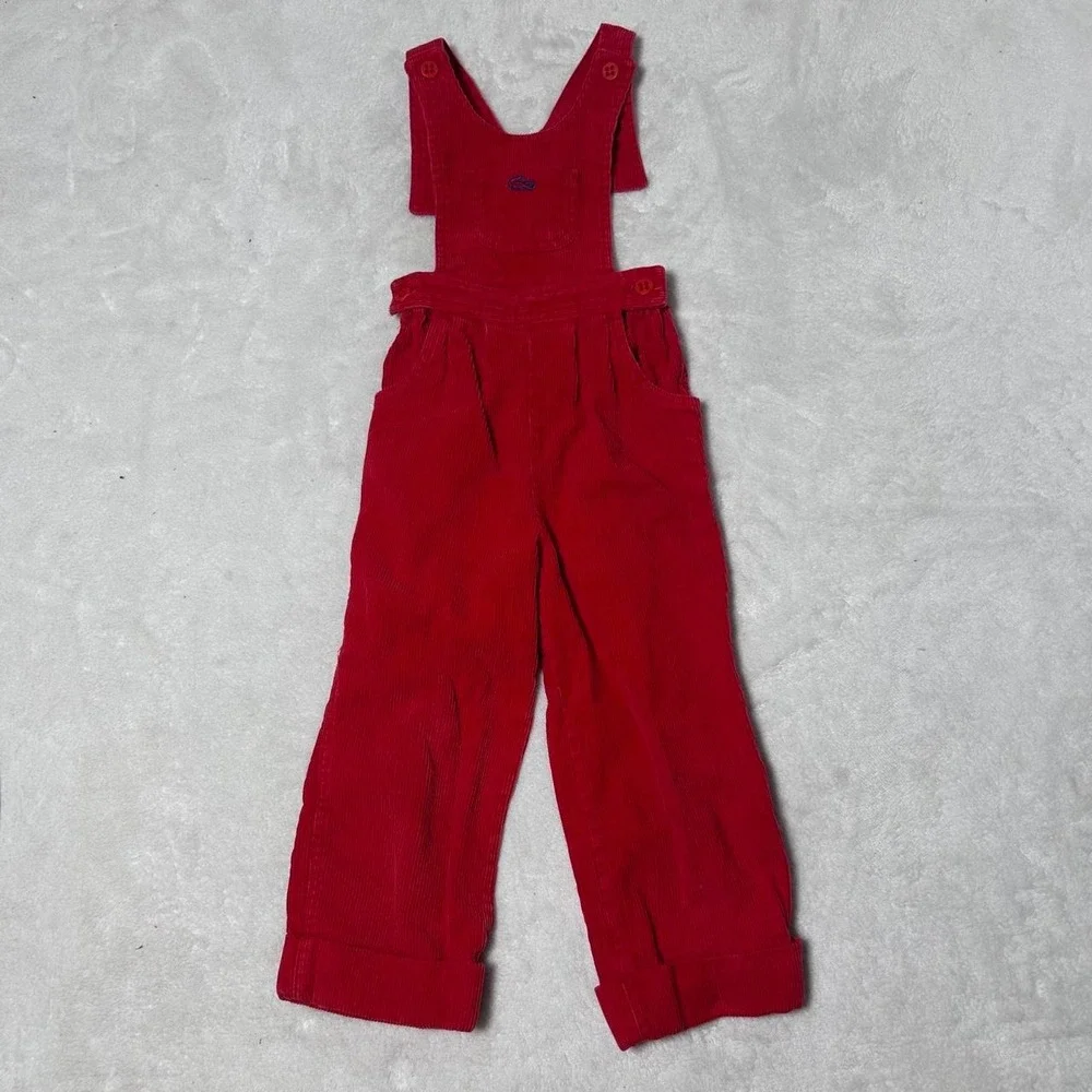 Vintage IZOD Lacoste Toddler Red girls Corduroy Overalls Crocodile Logo 70s